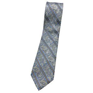PRONTO UOMO Silk Necktie LUXURY XL Silver Blue Beige Striped Paisley W:3.2" EUC